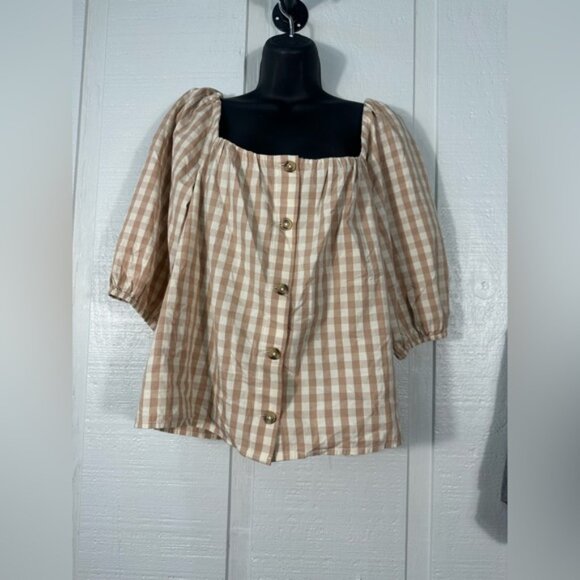 Faherty Cali Check Puff Sleeve Beige Gingham Organic Cotton Top Size Medium NWT - Picture 2 of 9